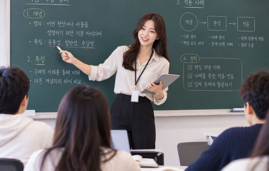 칠판 앞에서 수업하는 강사